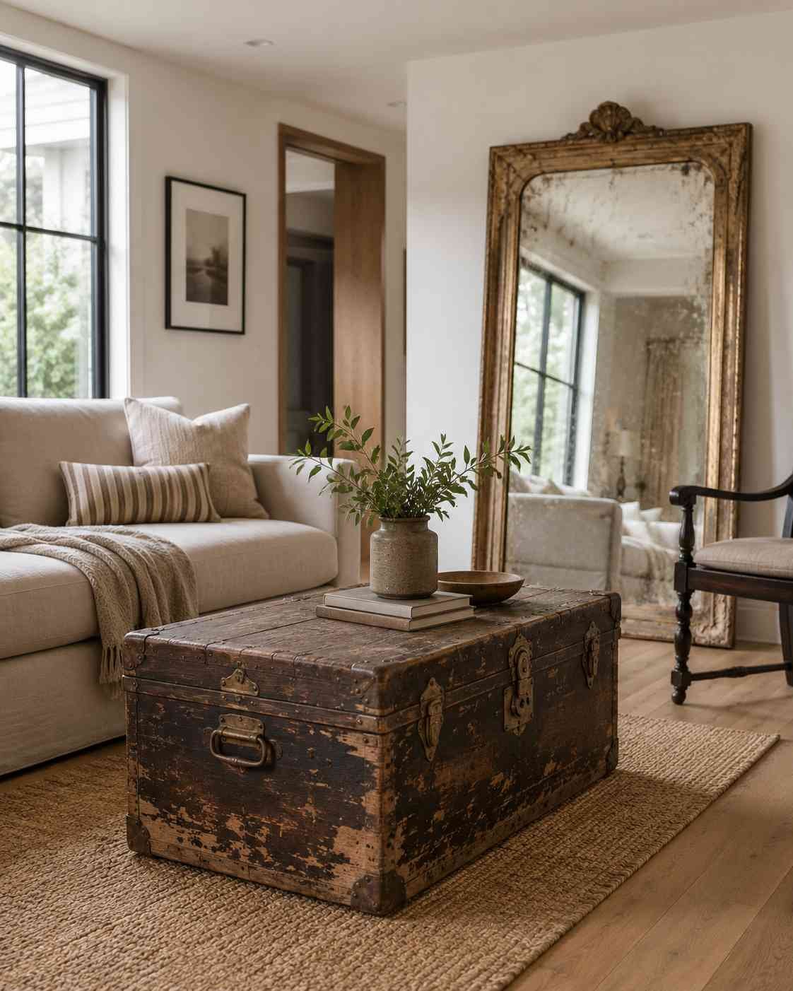 Modern farmhouse living room with a weathered vintage wooden trunk used as a coffee table, an antique distressed mirror, an oatmeal linen sofa, and white oak flooring, blending old and new elements in soft natural light.