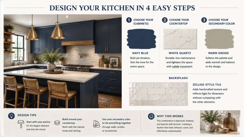 16:9 kitchen design infographic illustrating a step-by-step process for selecting kitchen finishes. It highlights choosing an anchor color for cabinets or walls, selecting a countertop first, adding a complementary secondary color, and finishing with a backsplash. Includes a modern blue kitchen example with design tips for creating a balanced, cohesive color palette.