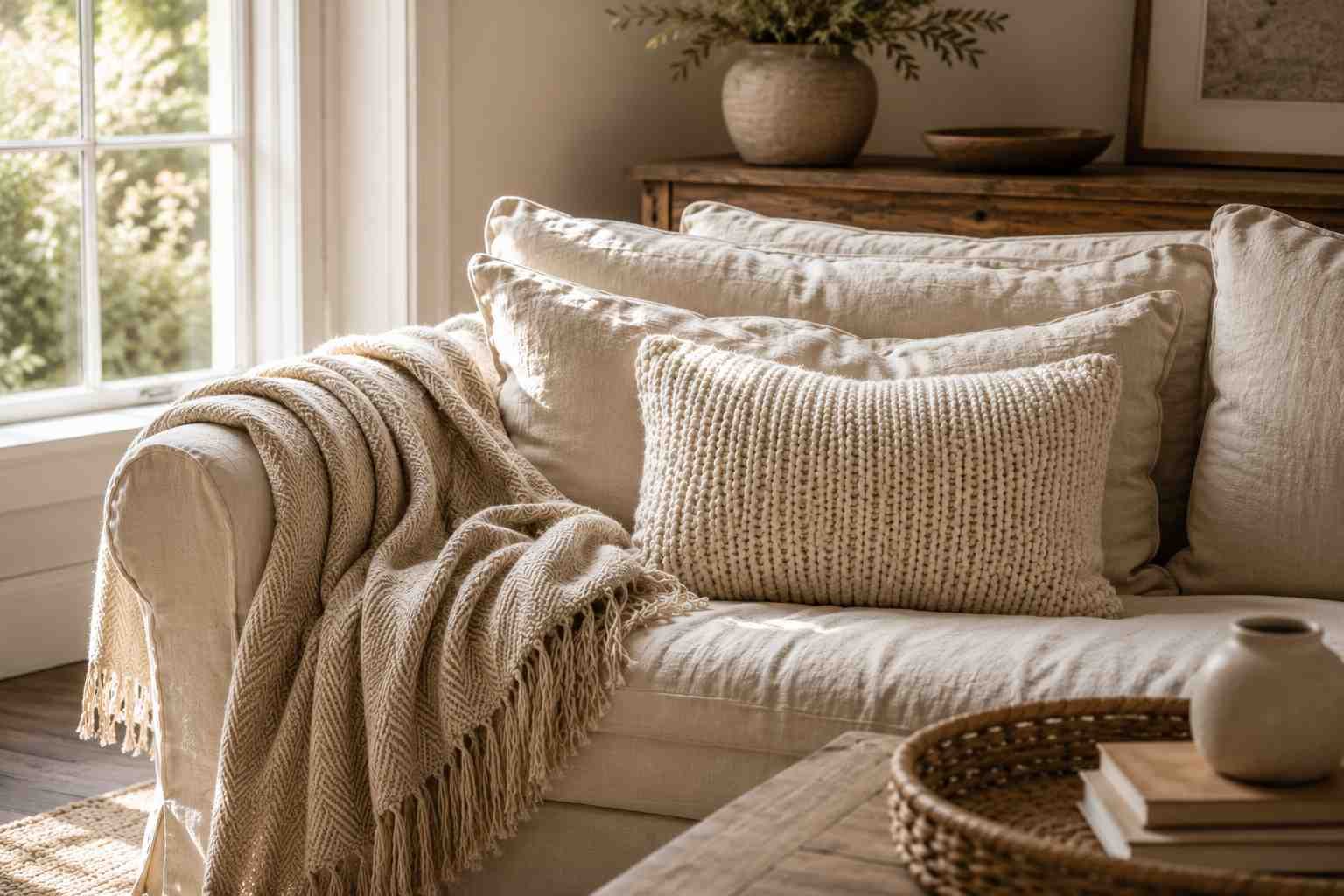 Close-up of a cozy farmhouse living room corner with an oatmeal linen sofa layered with a chunky cream knit pillow, herringbone woven cotton throw, and relaxed linen slipcover in warm neutral tones.