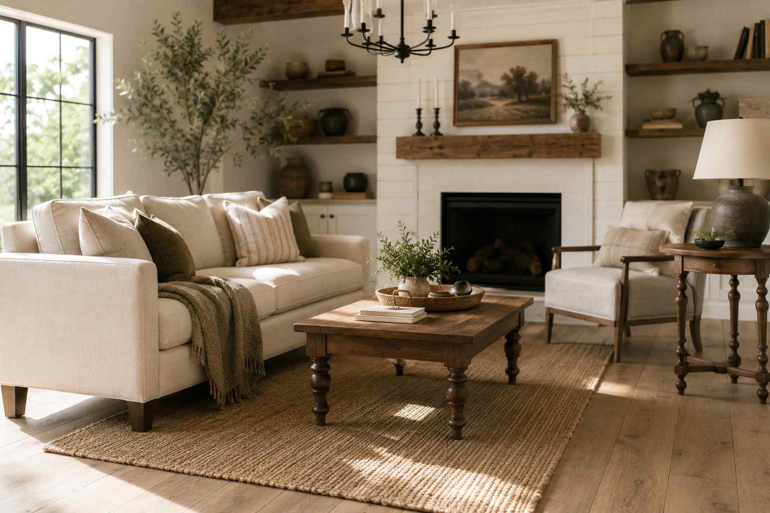 Modern farmhouse living room featuring a linen sofa with straight square legs, a wooden coffee table with turned spindle legs, a tapered-leg accent chair, and a round side table with turned legs on white oak flooring in warm natural light.
