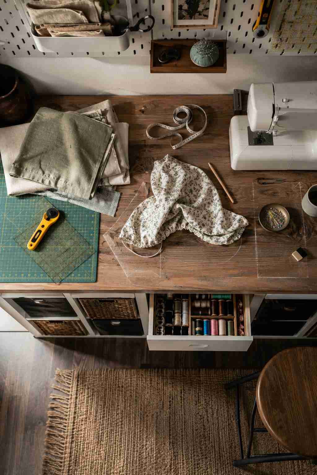 DIY sewing workstation with a wooden tabletop, sewing machine, fabric, cutting mat, pegboard organizer, and cube storage for a well-organized craft room.