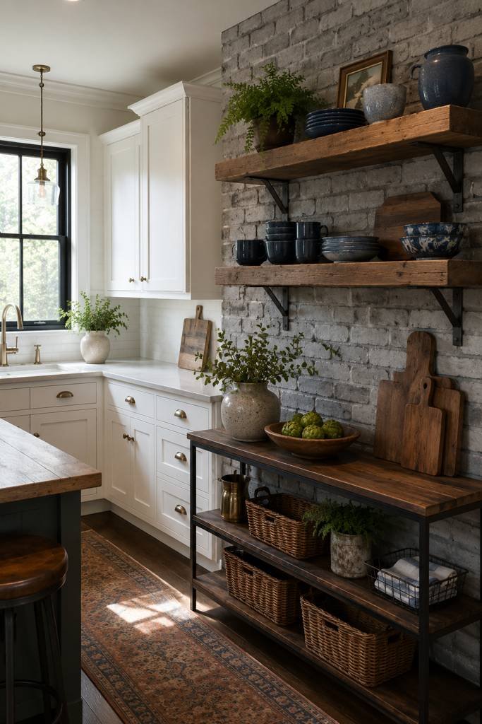 Photorealistic industrial farmhouse kitchen featuring an exposed grey-painted brick accent wall, open rustic wood shelving displaying blue ceramic dishware, white shaker cabinets with white countertops, warm natural daylight, and richly detailed brick and wood textures.