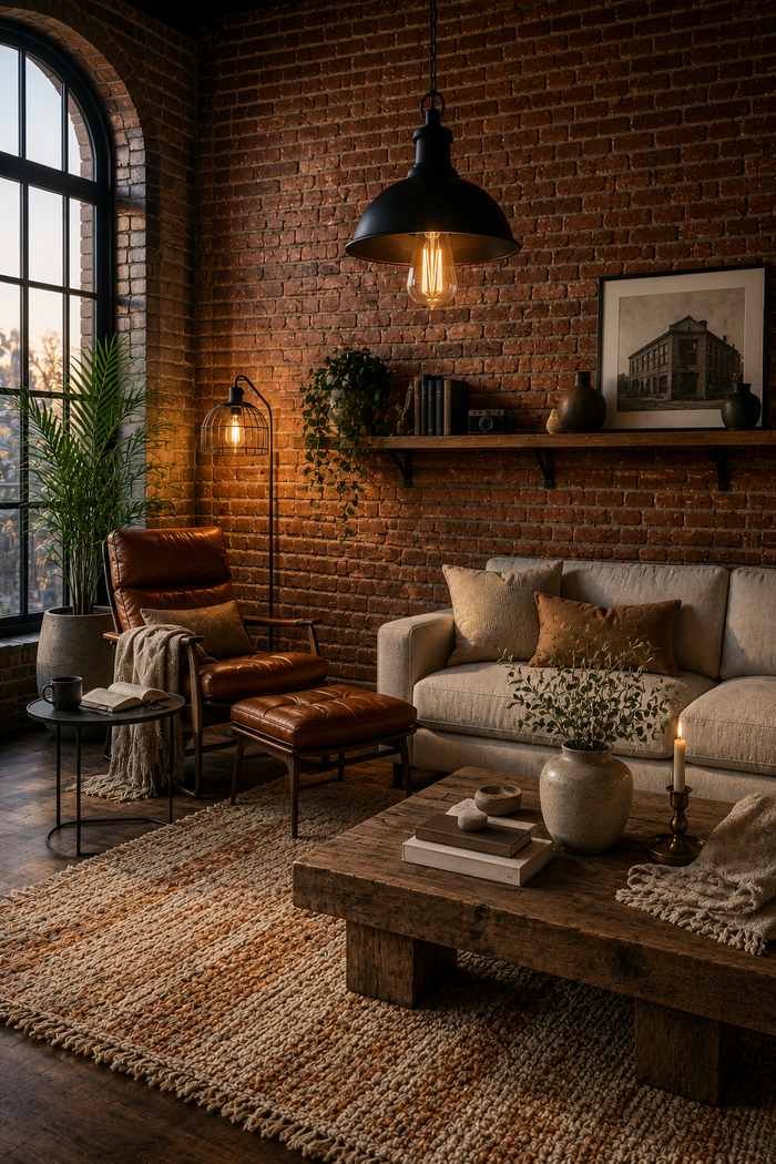 A cozy living room featuring an exposed brick wall, a black industrial pendant light with an Edison bulb, a cognac leather reading chair, reclaimed wood coffee table, and warm ambient lighting for a modern loft feel.
