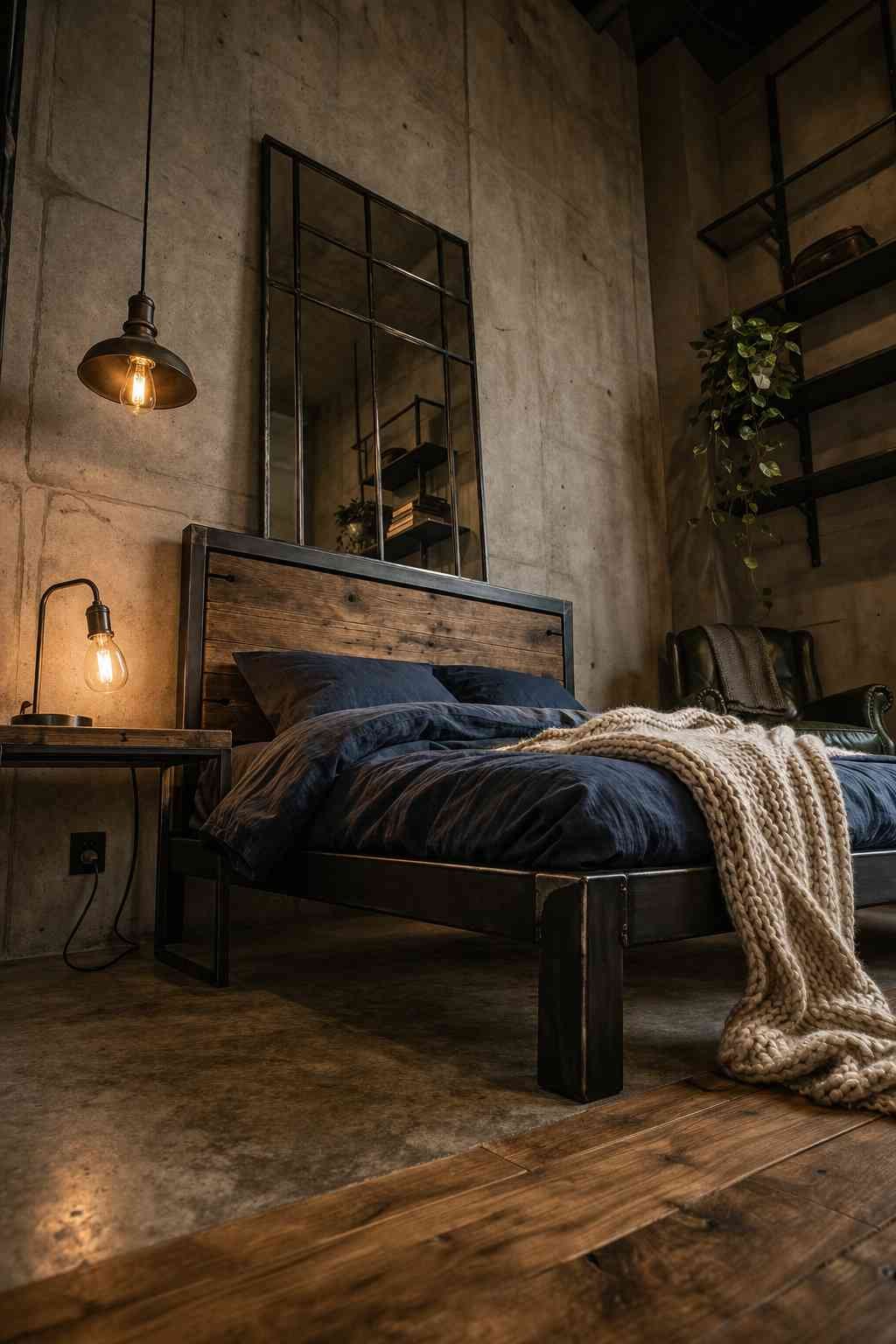 An industrial-style bedroom with exposed concrete walls, a metal and wood bed frame, and deep navy bedding. Warm Edison bulb lighting, a chunky knit throw, hanging shelves with greenery, and a large metal-framed mirror give the space a cozy yet modern loft-inspired feel
