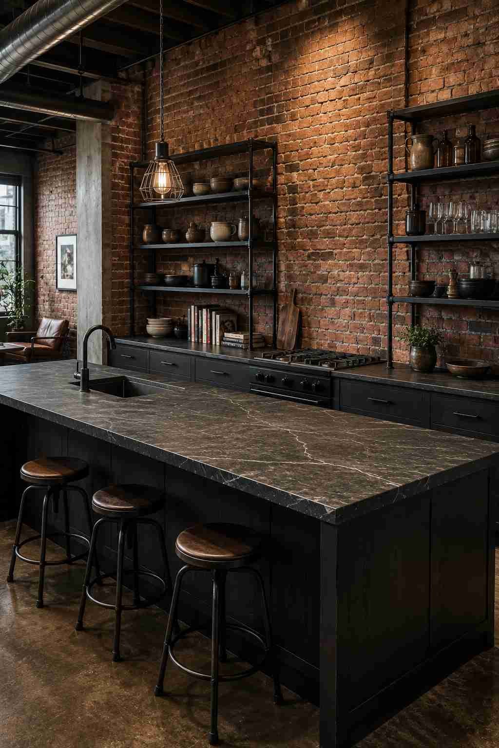 Industrial loft kitchen featuring a black leathered granite island with a matte black base, exposed brick walls, black steel open shelving, leather bar stools, warm moody lighting, and a textured Nero Mist granite countertop in a modern urban space.