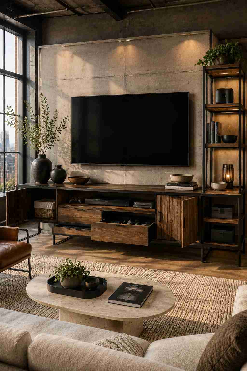 A stylish industrial living room featuring a wall-mounted TV above a metal frame entertainment unit with warm wood cabinets, open shelving, and designer storage. The matte black steel frame, concrete feature wall, and organized drawers create a modern loft-inspired setup with space for media devices, books, baskets, and decorative accessories.