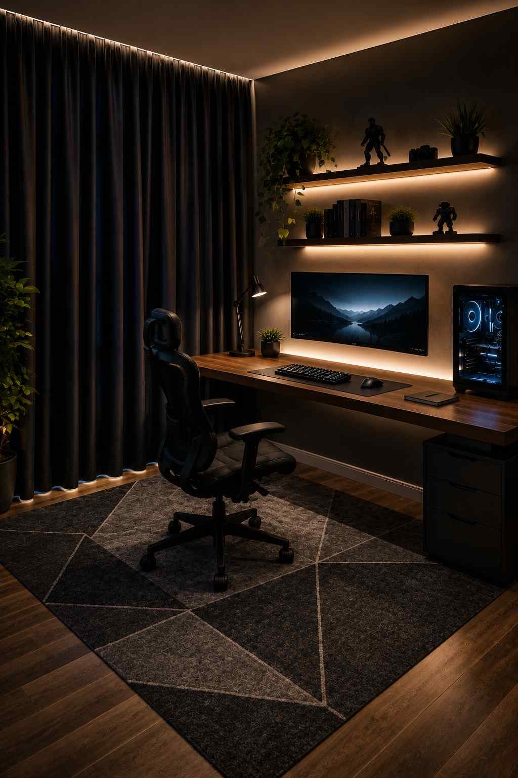 A cozy gaming room with floor-to-ceiling blackout curtains that block outside light, creating a dark, relaxing space where the monitor and soft LED lighting become the main focus.