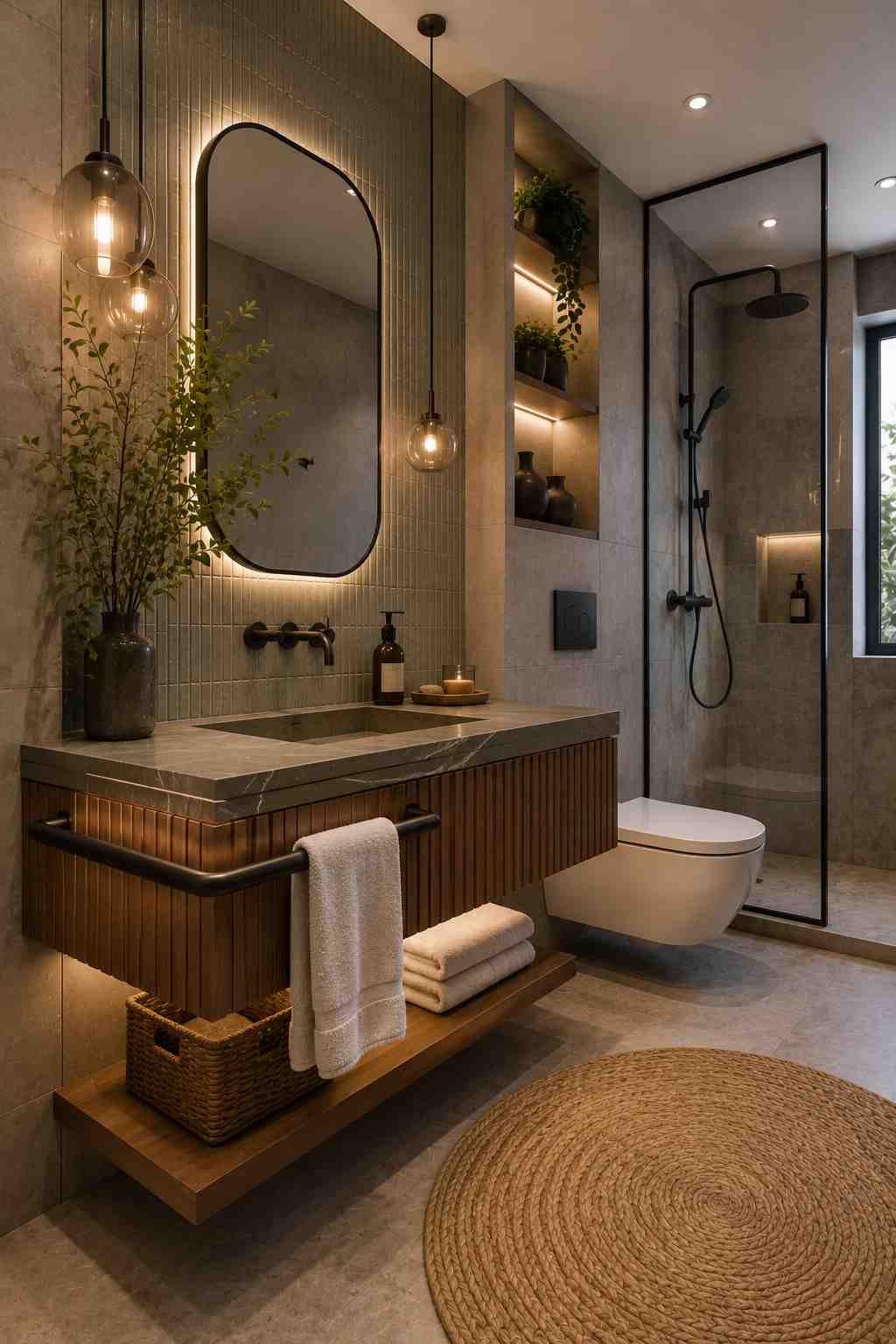 Modern floating wood bathroom vanity with ribbed cabinet fronts, gray stone countertop, backlit rounded rectangular mirror, black wall-mounted faucet, warm pendant lights, open towel shelf, walk-in glass shower, and contemporary spa-inspired bathroom design.
