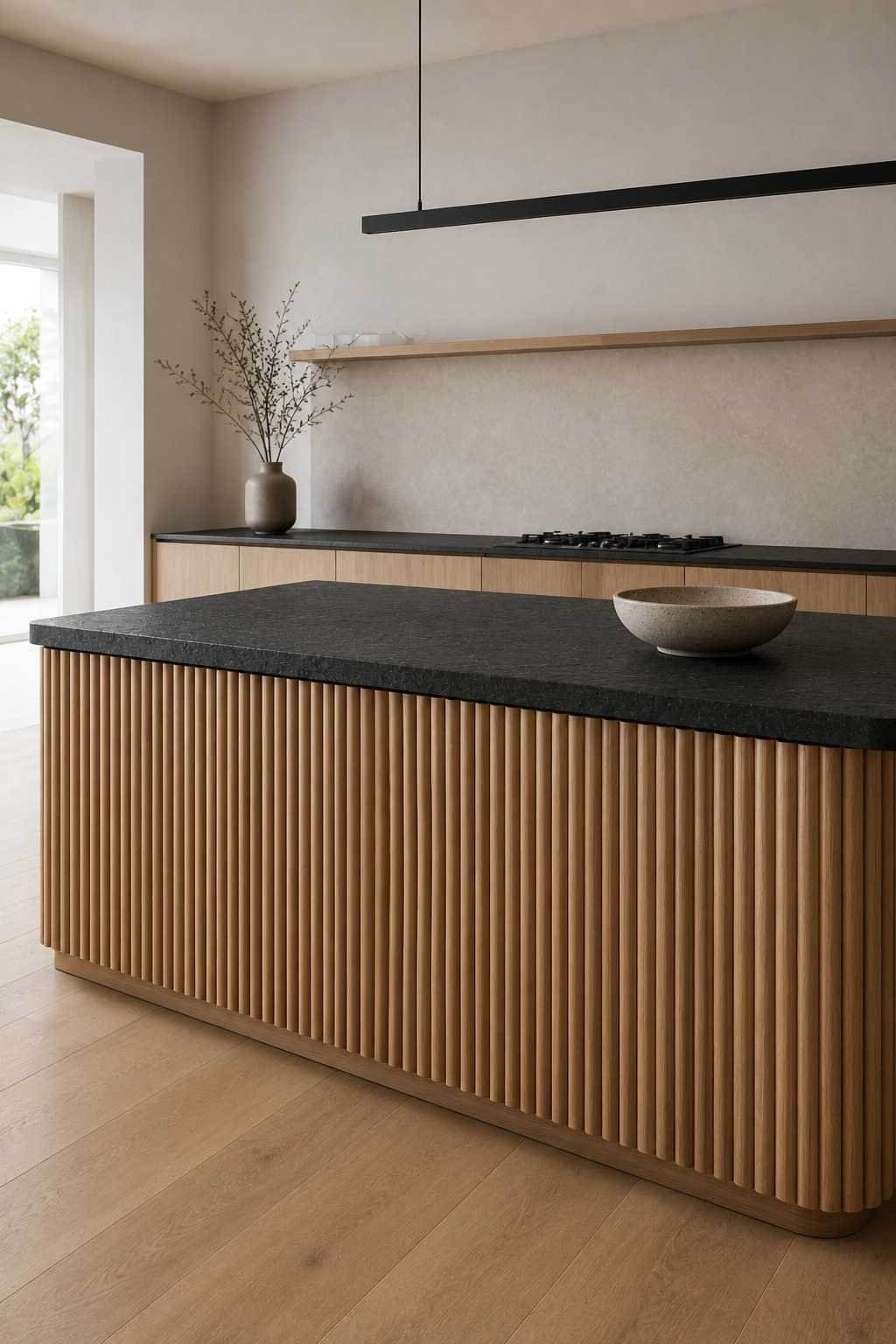 Minimalist Japandi kitchen featuring a fluted white oak kitchen island with a matte black leathered granite countertop, warm wood flooring, neutral plaster walls, a slim black linear pendant light, and soft natural daylight highlighting the textured wood panels.