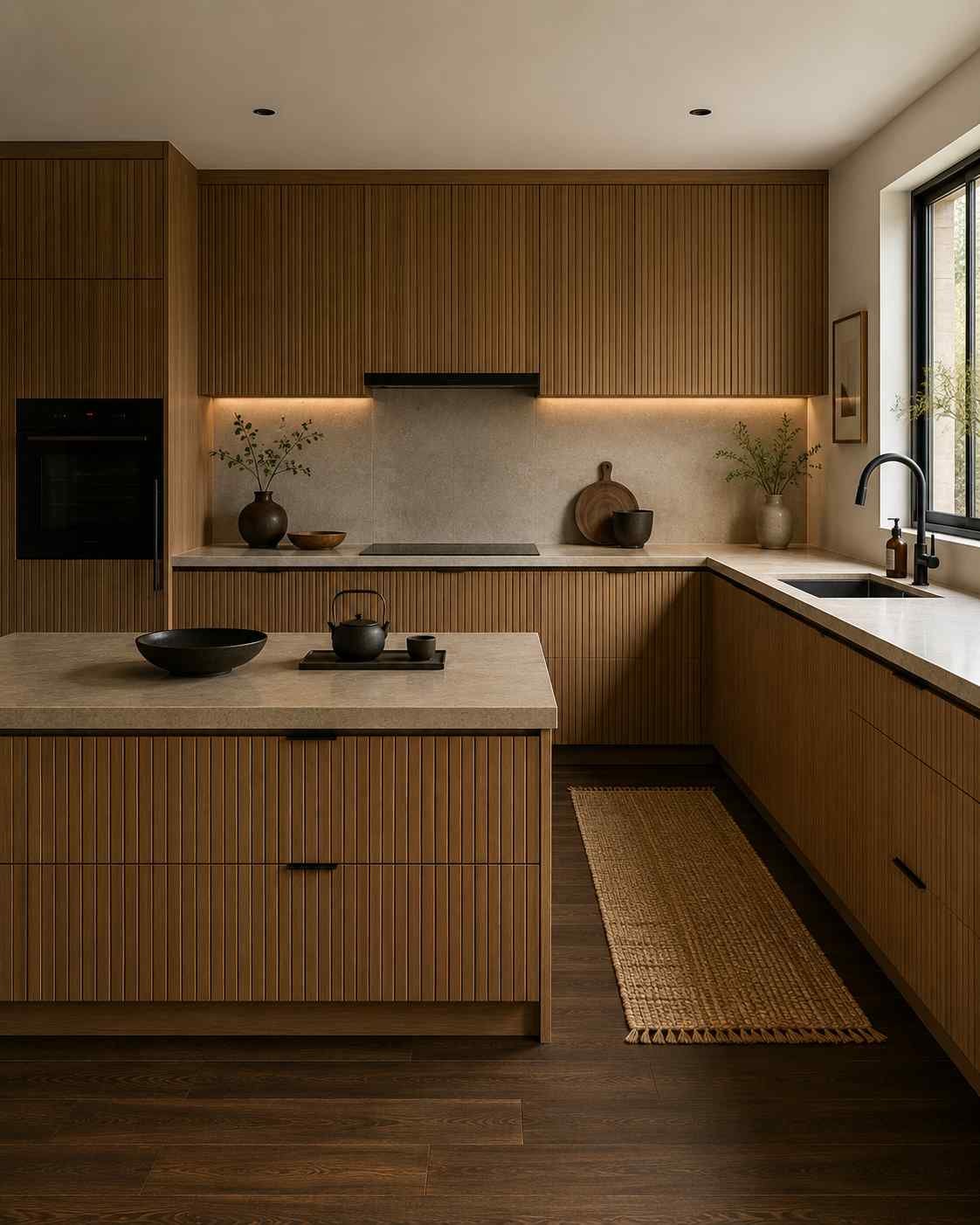 A serene Japandi-style kitchen featuring vertical slatted mid-tone oak cabinet fronts, minimalist matte black hardware, a low-profile island, light stone countertops, and dark wood flooring. The clean-lined design uses closed cabinetry, warm neutral tones, and subtle lighting to create a calm, uncluttered, and highly functional space.