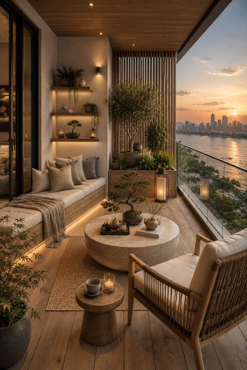 A serene Japandi-style balcony with a built-in wooden bench, natural wood accents, bonsai plants, soft neutral décor, and a calming waterfront sunset view.