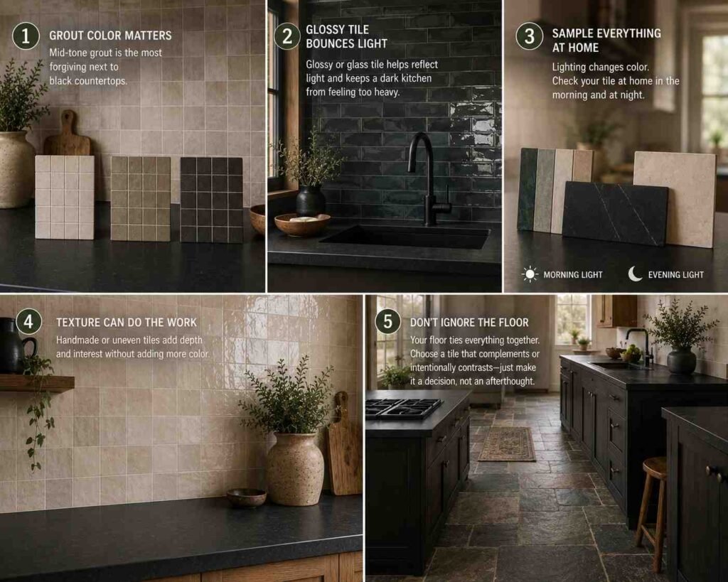 Collage of modern kitchen backsplash ideas featuring grout color comparisons, glossy tile, textured tile, flooring coordination, and matte black countertops, highlighting practical design tips for choosing the right kitchen tile.