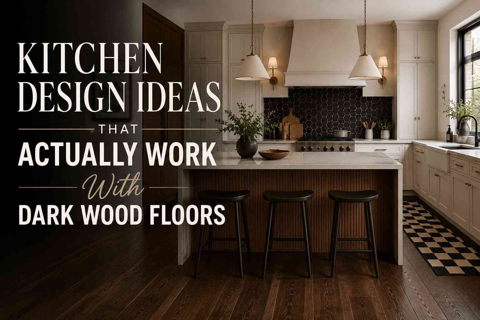 A stylish featured image showcasing a modern kitchen with dark wood flooring, a marble island, warm neutral cabinetry, black accents, and layered lighting. The design blends contemporary and timeless elements, illustrating practical kitchen ideas that complement dark wood floors across a variety of interior styles.