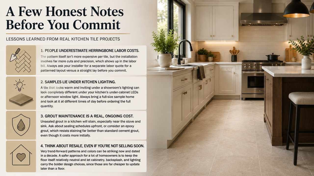 16:9 infographic featuring four practical kitchen floor tile tips alongside a bright modern kitchen with large-format porcelain flooring. The guide covers herringbone installation costs, testing tile samples under real kitchen lighting, grout maintenance, and choosing timeless flooring for better long-term value and resale appeal.