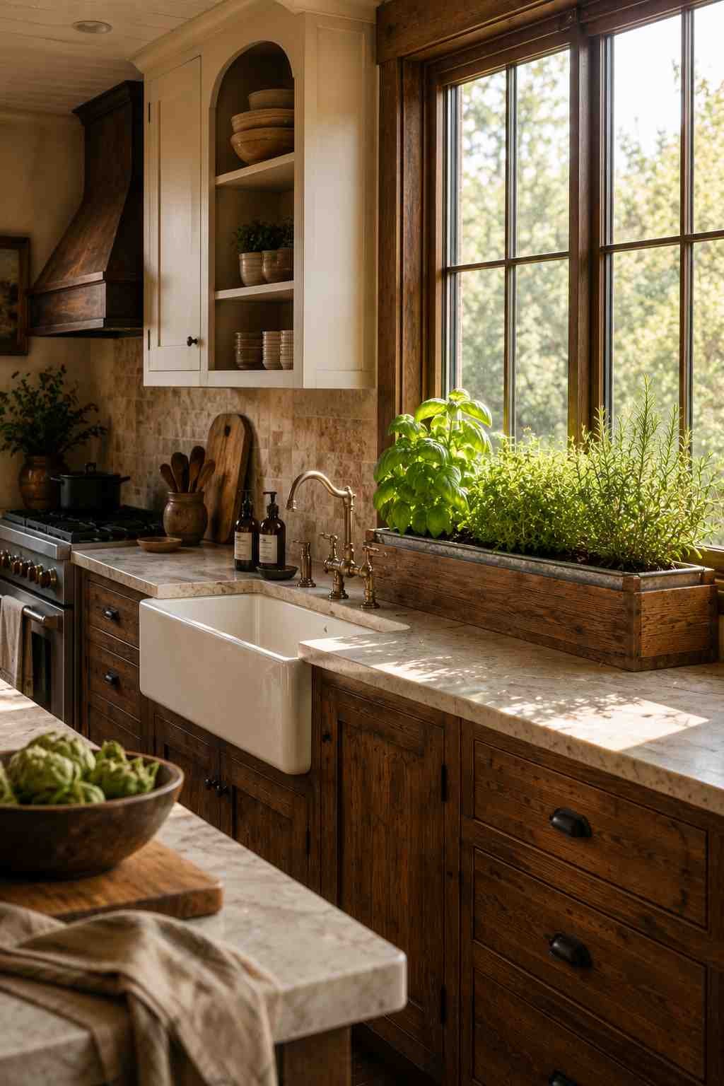 A built-in wooden planter box on a sunny kitchen windowsill is filled with fresh basil, thyme, and rosemary growing in a galvanized metal tray. Bright natural light streams through the window, illuminating the herbs and surrounding warm wood cabinetry to create a fresh, inviting highland kitchen scene.