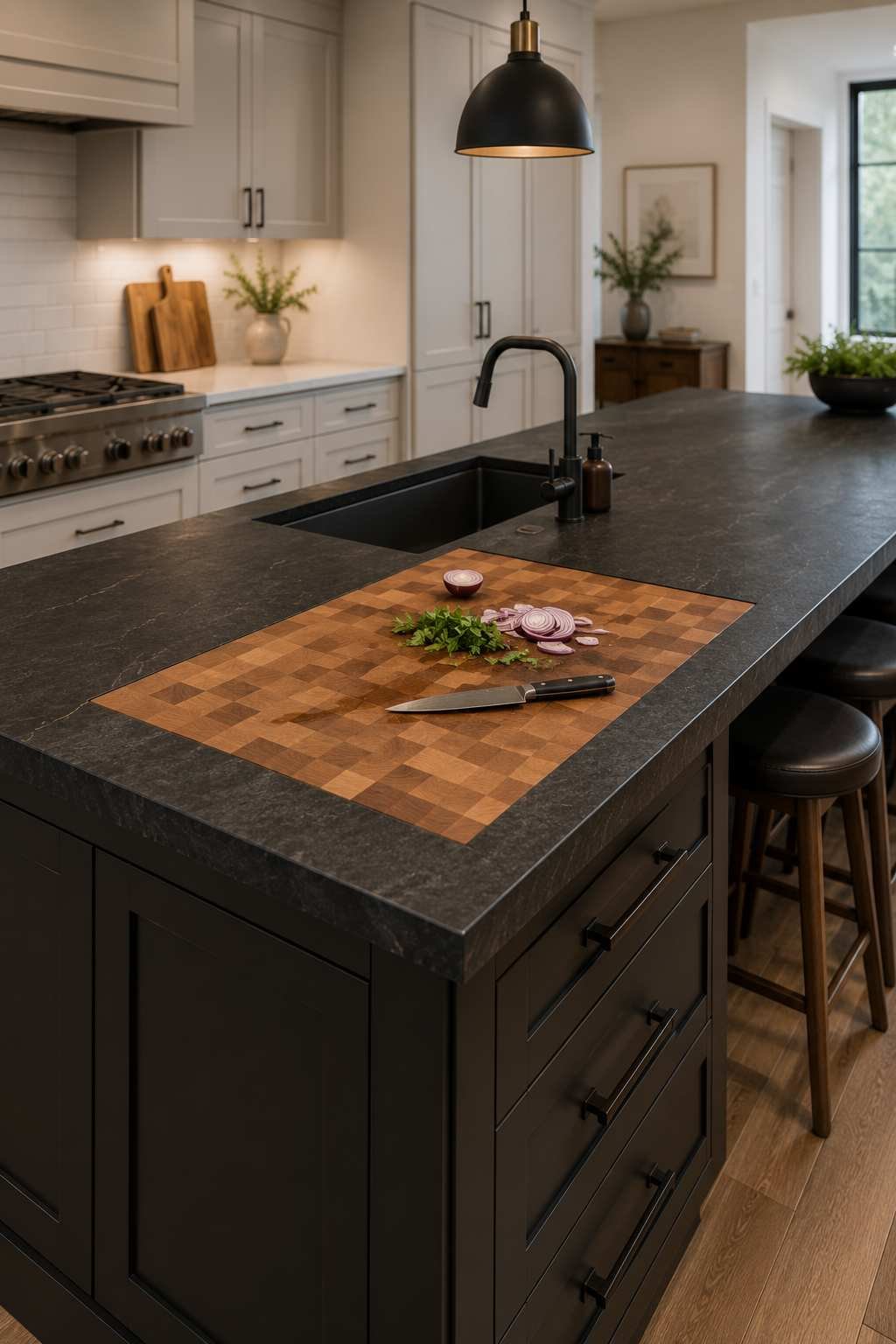 Modern kitchen island featuring a black leathered granite countertop with a flush built-in end-grain butcher block insert, matte black cabinetry, integrated sink, pendant lighting, and a functional food prep area with chopped herbs, sliced onion, and a chef's knife.