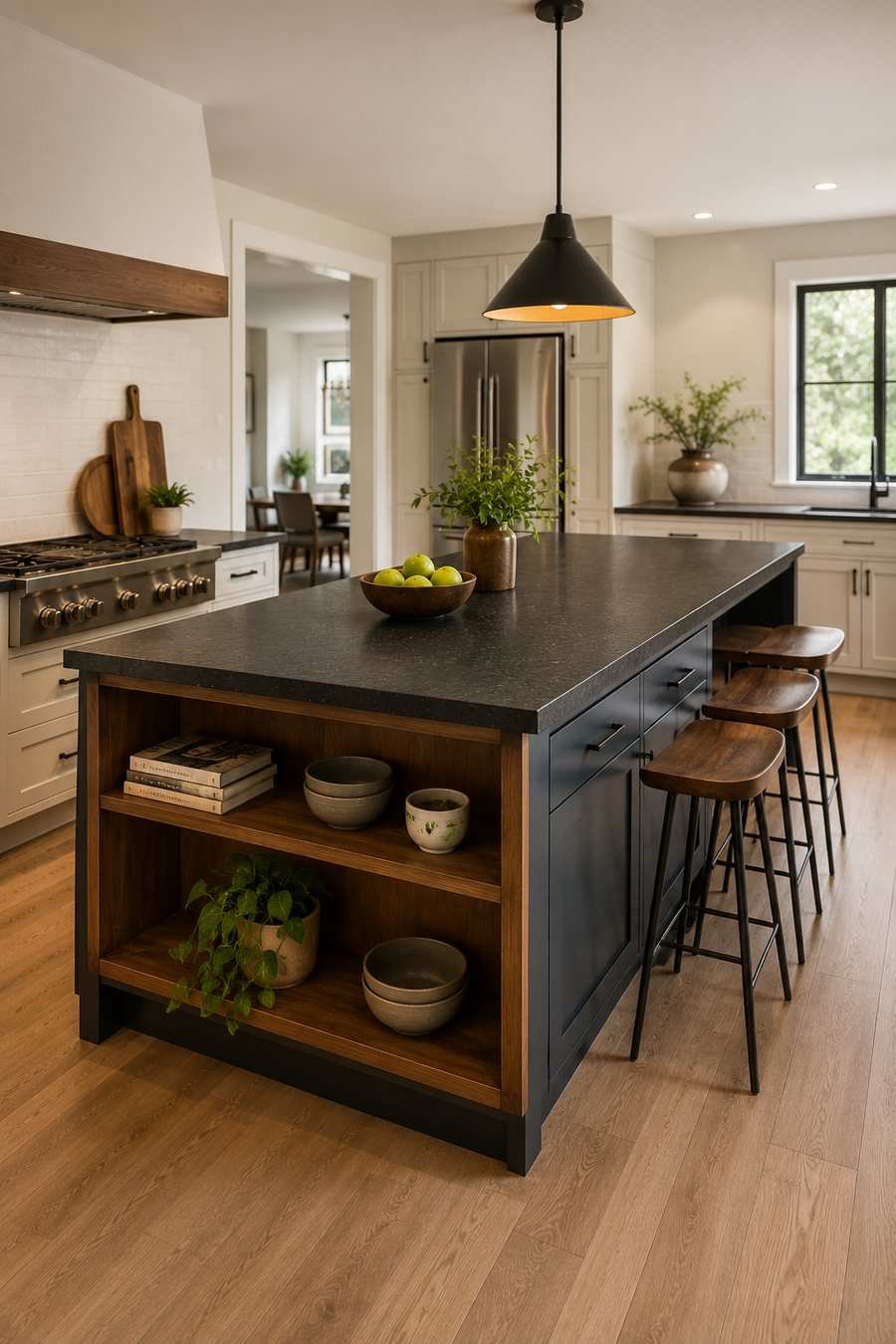 Luxury modern kitchen featuring a charcoal black kitchen island with warm walnut open shelving on one end, black leathered granite countertop, neutral cabinets, wood bar stools, matte black pendant light, warm wood flooring, and softly styled shelves with cookbooks, ceramic bowls, and a small potted plant.
