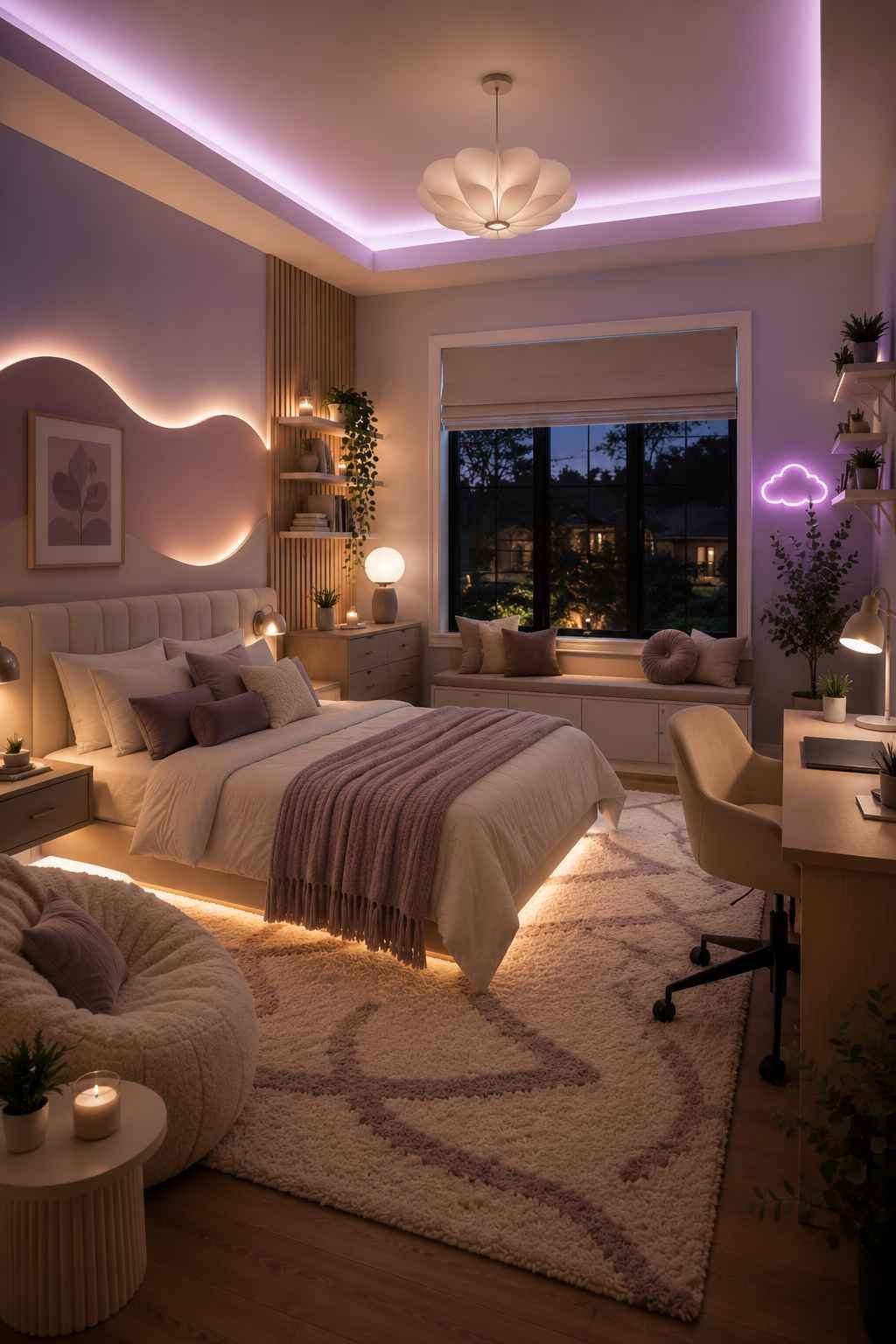 Hidden cove LED lighting along the ceiling of a modern teen bedroom.