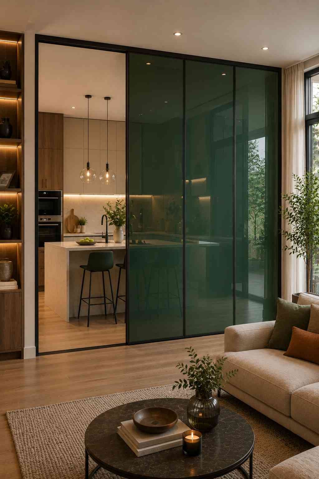 A contemporary open-plan home featuring a floor-to-ceiling lacquered colored glass partition in a deep forest green finish, separating the kitchen from the living room. The back-painted glass provides partial privacy while adding a bold design statement that complements the warm wood cabinetry and modern interior décor.