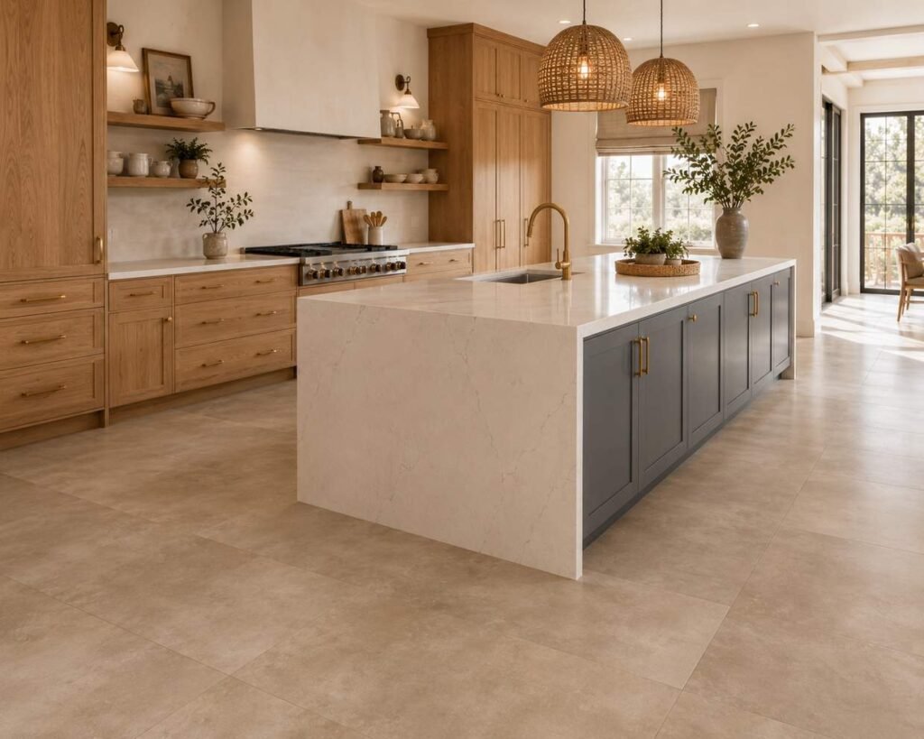 Bright modern kitchen featuring large-format warm greige porcelain floor tiles with minimal grout lines, natural white oak cabinetry, a slate blue-gray island with a white quartz waterfall countertop, brushed brass hardware, woven rattan pendant lights, floating wood shelves, and soft natural daylight highlighting the seamless matte tile flooring.