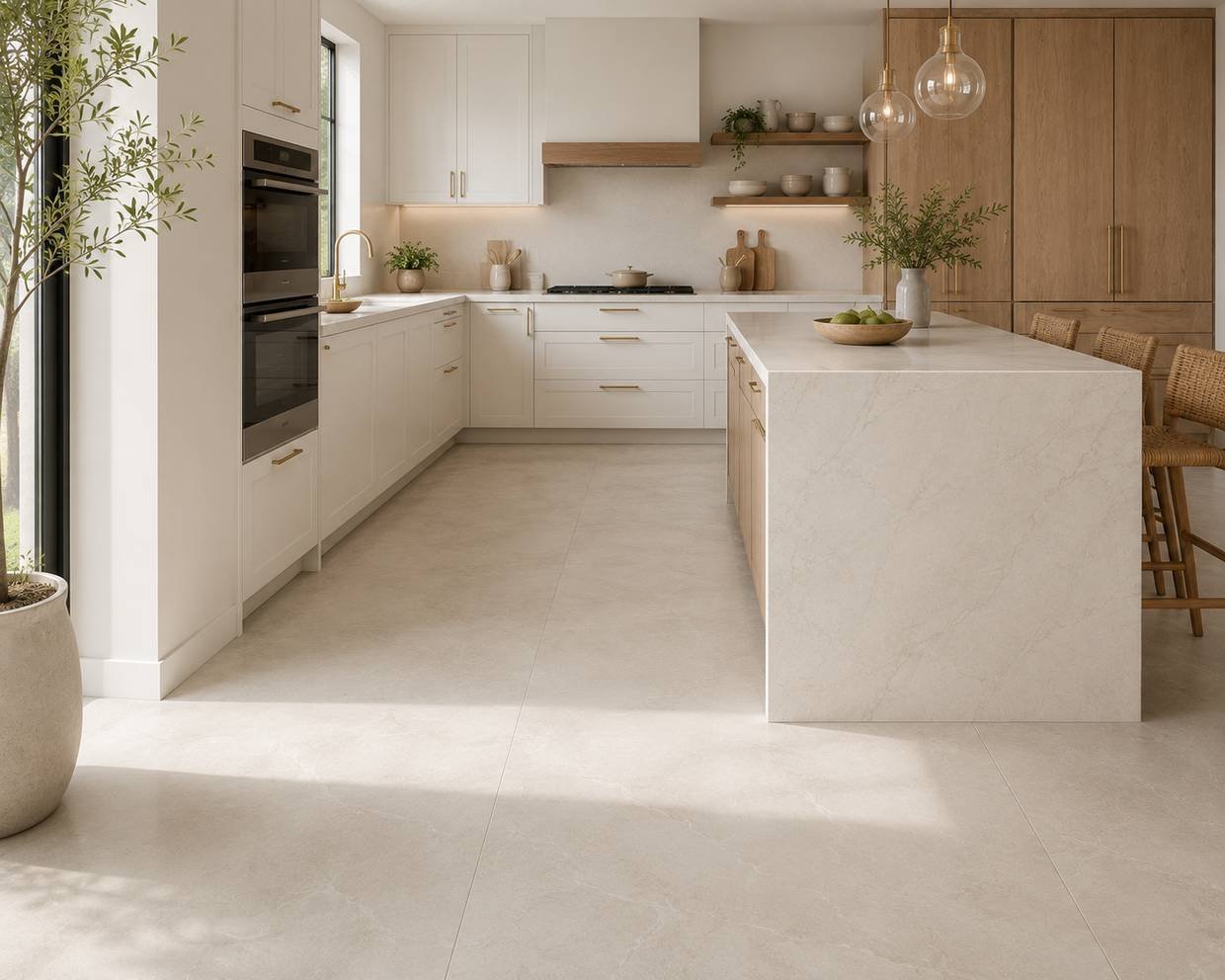 Bright modern kitchen featuring oversized 24x48-inch warm greige porcelain floor tiles with minimal grout lines, white shaker cabinets, light oak accents, a quartz waterfall island, brass hardware, open wood shelving, and abundant natural light that enhances the seamless, spacious look of the floor.