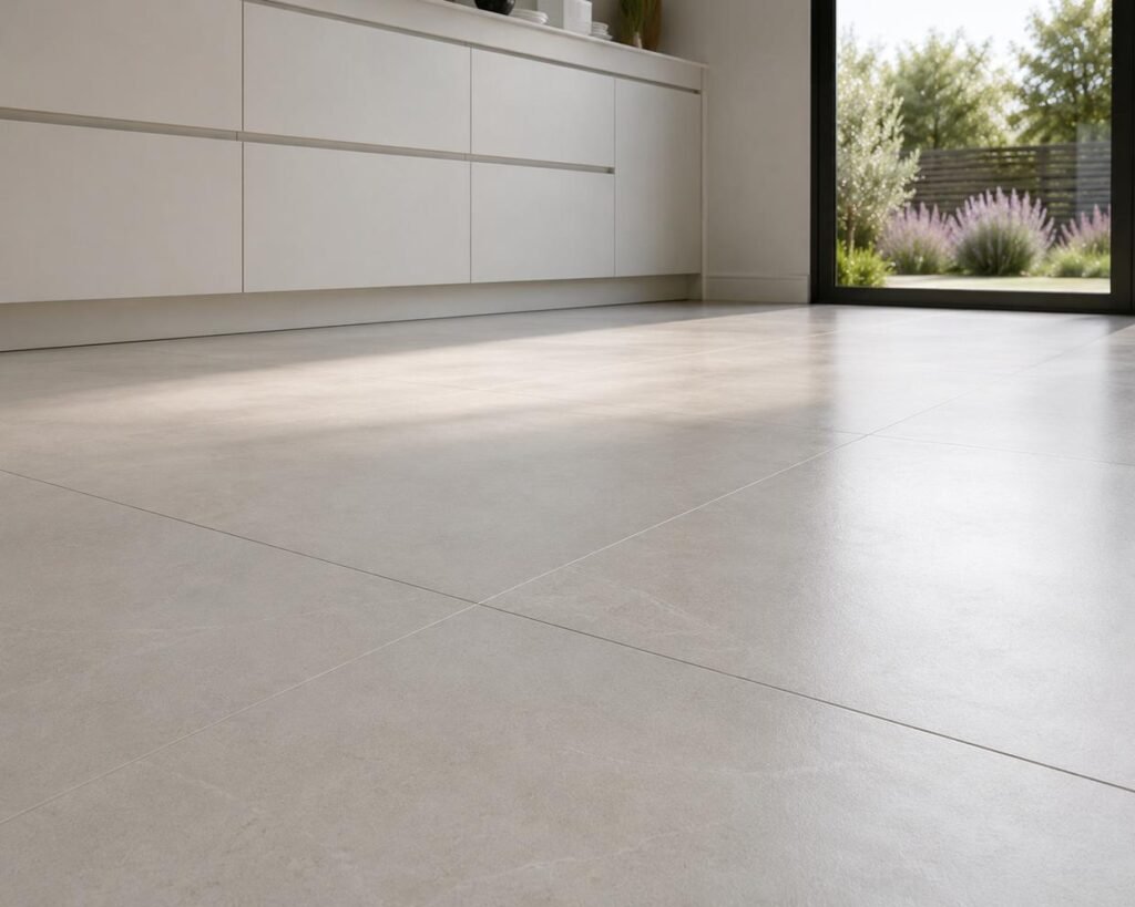 Close-up, low-angle view of a modern kitchen floor featuring large-format warm white rectified porcelain tiles with ultra-thin grout lines for a nearly seamless appearance. Soft natural light highlights the crisp tile edges and smooth matte surface, while minimalist white cabinetry frames the clean, contemporary space.