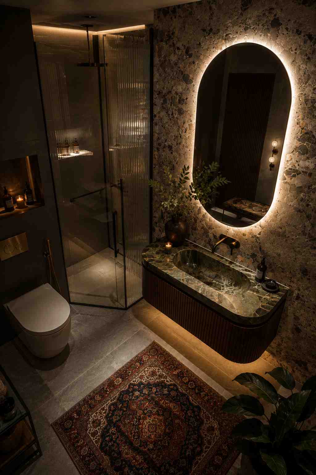 Elegant contemporary bathroom featuring a floating fluted wood vanity with a green marble integrated sink, a large backlit arched mirror, warm brass fixtures, a ribbed glass walk-in shower, textured stone walls, a decorative Persian-style rug, and soft ambient lighting for a refined spa-inspired atmosphere.