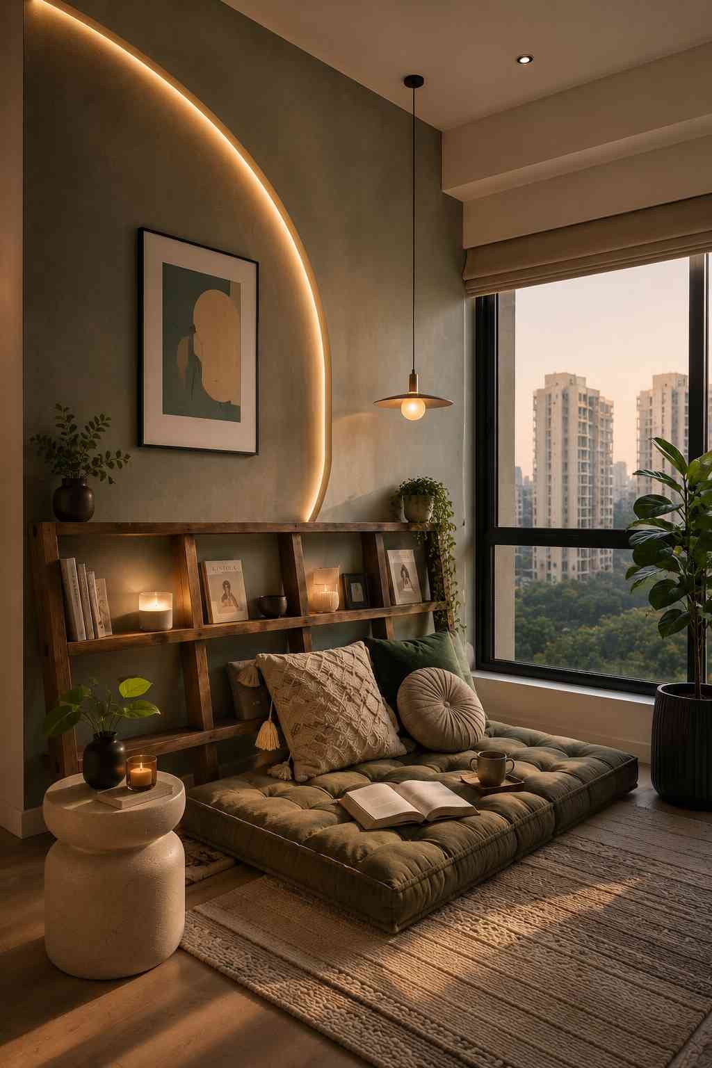 Cozy apartment reading nook with a floor cushion, wooden bookshelf, warm LED arch lighting, indoor plants, and a large window overlooking city buildings.