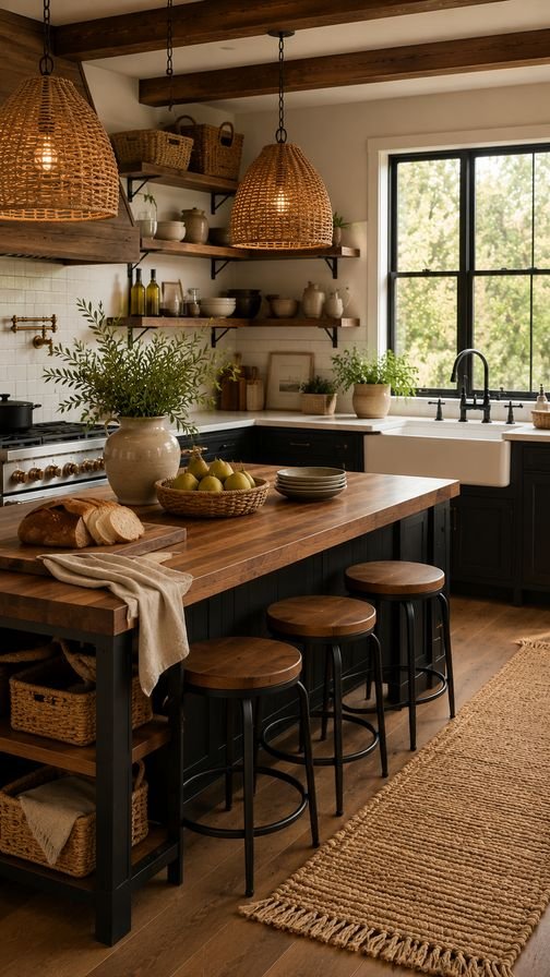 Luxury farmhouse kitchen with natural fiber décor, including woven baskets, rattan light fixtures, a textured jute rug, reclaimed wood shelves, black lower cabinets, and a handcrafted walnut island bathed in warm sunlight.