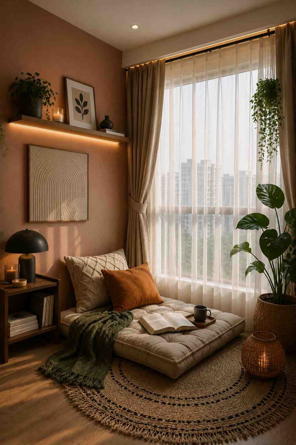Cozy window reading nook with a floor cushion, warm terracotta accent wall, sheer curtains, indoor plants, and soft ambient lighting creating a relaxing corner for reading. 