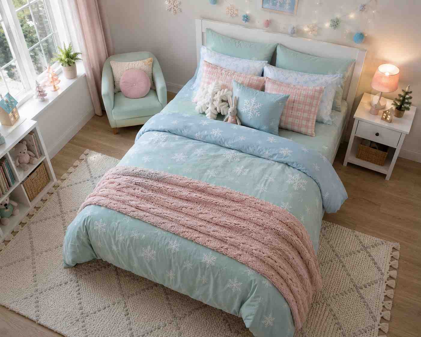 Pastel Christmas kids' bedroom featuring light blue snowflake bedding, a soft pink knit throw, plush toys, fairy lights, and delicate winter holiday decorations.