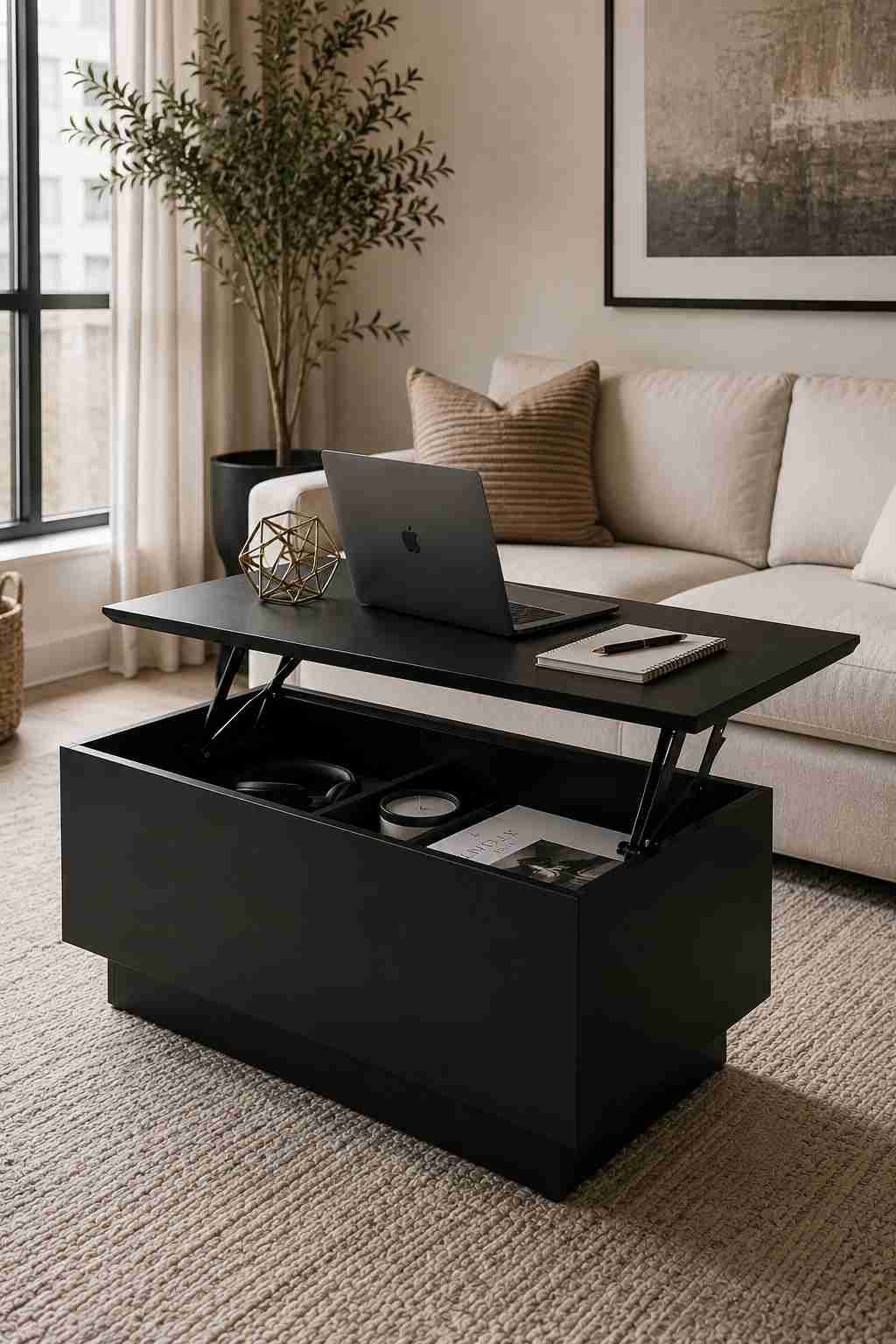 Matte black lift-top storage coffee table raised to desk height in a small modern living room