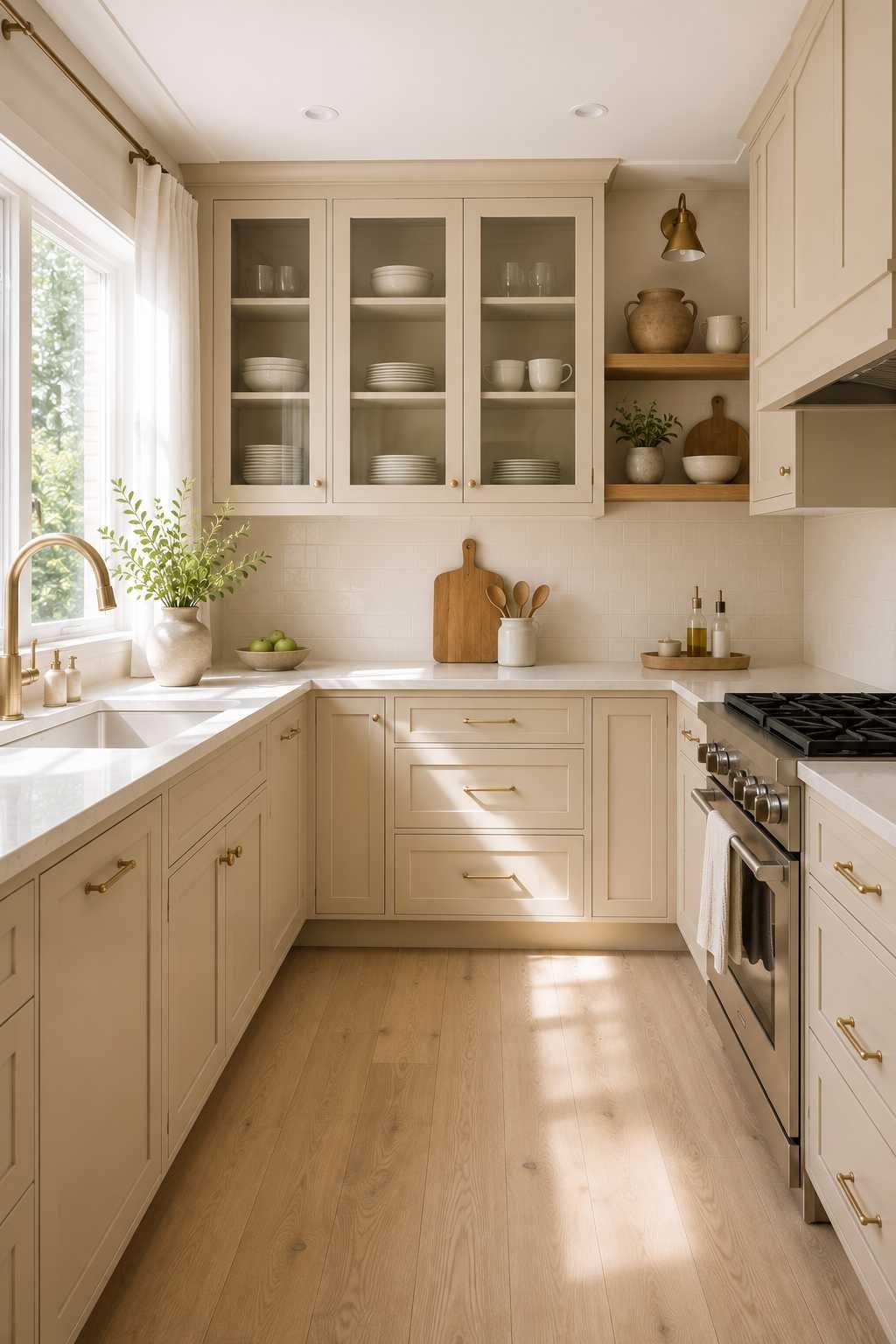 Bright small kitchen featuring light beige shaker cabinets, glass-front upper cabinets, open white oak shelving, cream stone countertops, pale oak flooring, brass hardware, and abundant natural light creating an open, airy feel.
