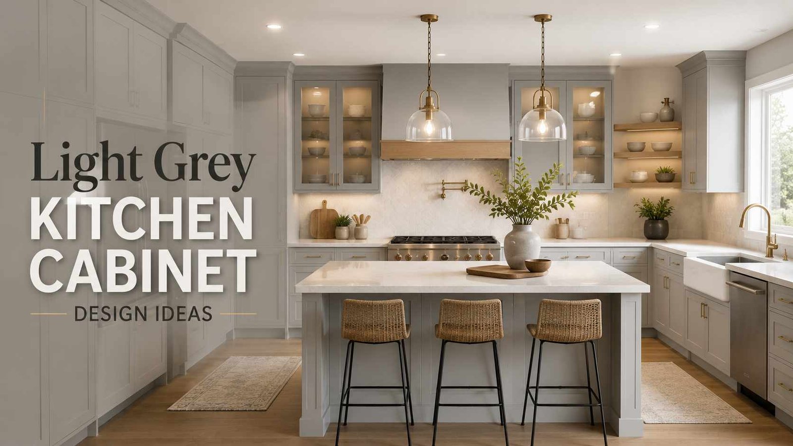 Modern kitchen with light grey shaker cabinets, white quartz island, brass accents, woven bar stools, warm wood flooring, and soft natural light, showcasing stylish light grey kitchen cabinet design ideas.