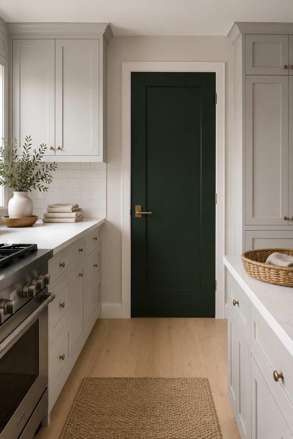 Modern kitchen featuring light grey shaker cabinets, a bold forest green pantry door with a brass handle, white quartz countertops, white subway tile backsplash, pale oak flooring, and soft natural daylight.