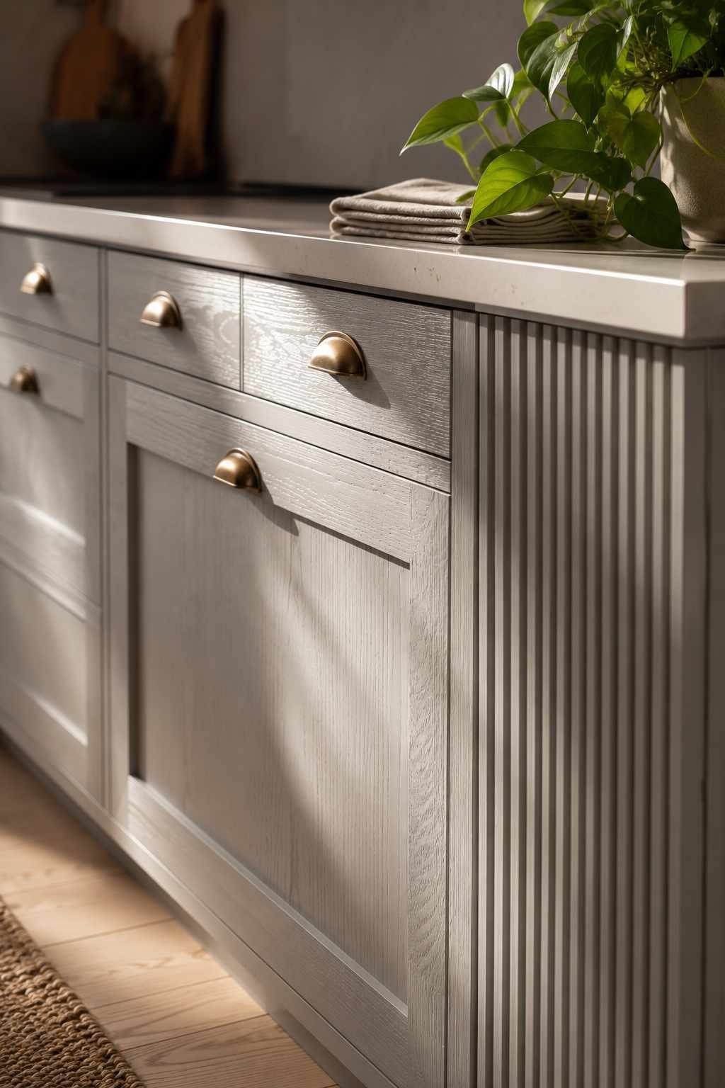 Close-up of light grey shaker kitchen cabinets with visible wood grain, a fluted end panel, brushed brass cup pulls, a white quartz countertop, and warm natural sunlight highlighting the cabinet texture.