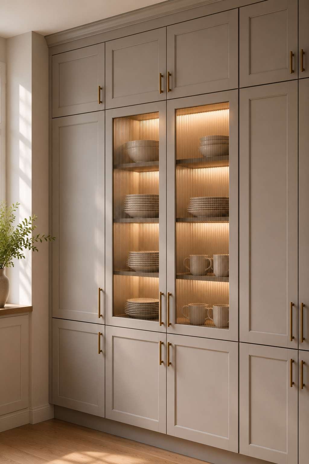 Light grey shaker kitchen cabinets featuring ribbed glass display doors, warm interior cabinet lighting, brushed brass hardware, and softly blurred ceramic dishware in a modern kitchen.