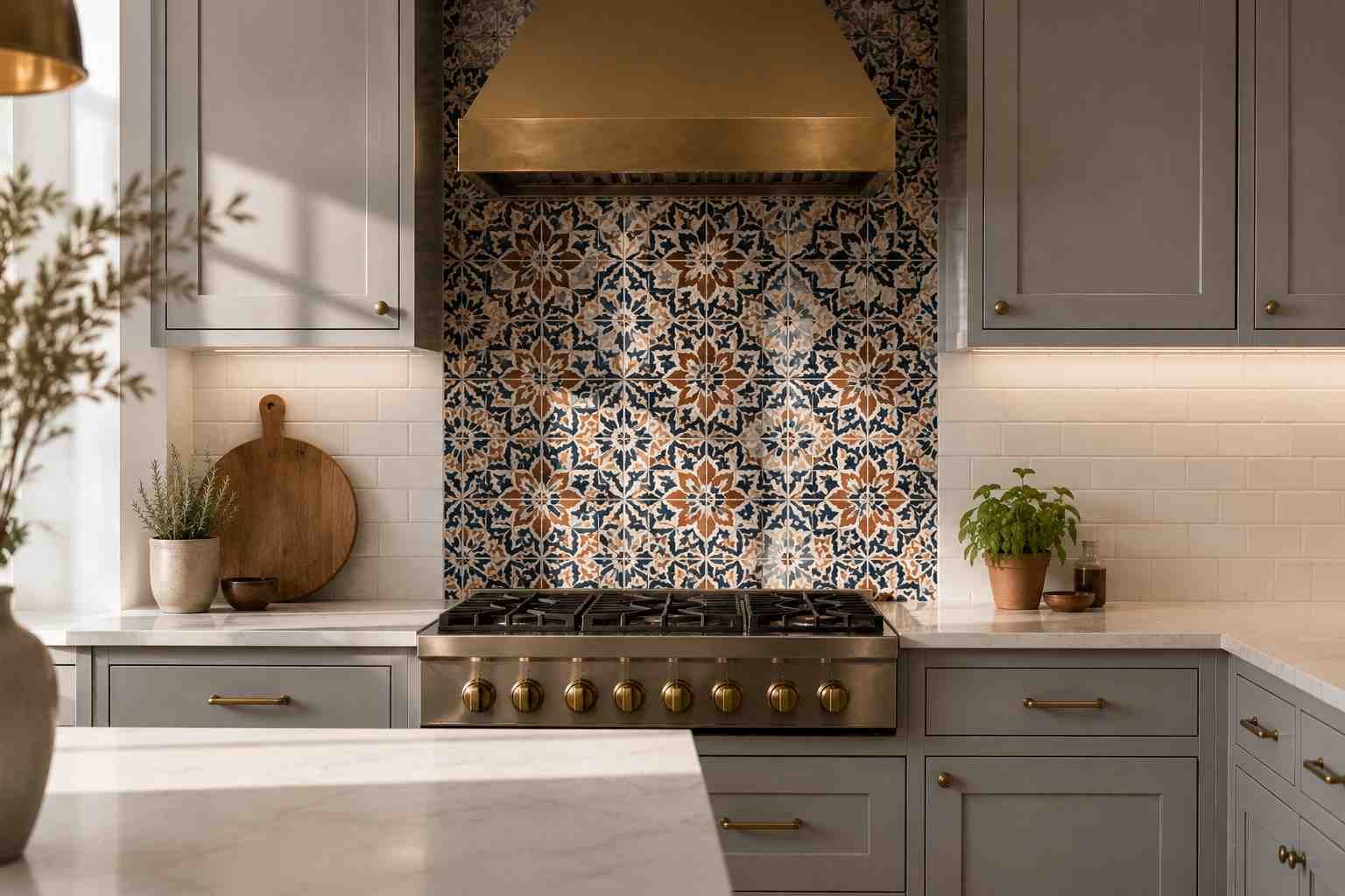 Modern kitchen featuring light grey shaker cabinets, a colourful Moroccan-inspired tile backsplash behind the stove, a brass range hood, white quartz countertops, and warm natural afternoon light.
