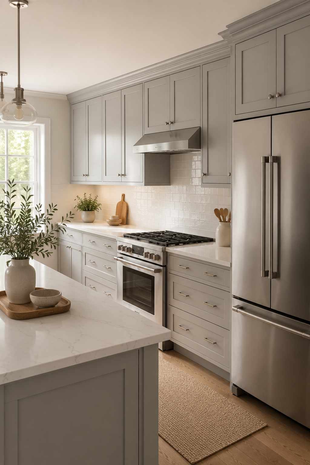 Modern kitchen featuring light grey shaker cabinets, stainless steel refrigerator and range, warm white quartz countertops, off-white subway tile backsplash, brushed nickel hardware, and soft natural daylight.