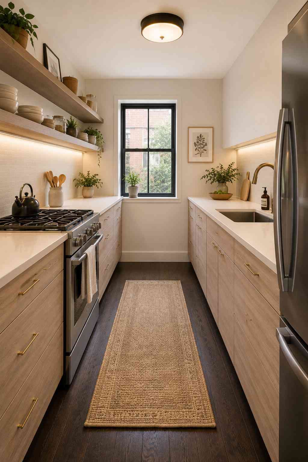 Narrow galley kitchen with horizontal-grain light oak cabinets, dark wood flooring, white quartz countertops, open oak shelving, warm under-cabinet lighting, brass hardware, and a black-framed window creating a bright, modern Scandinavian-inspired kitchen.