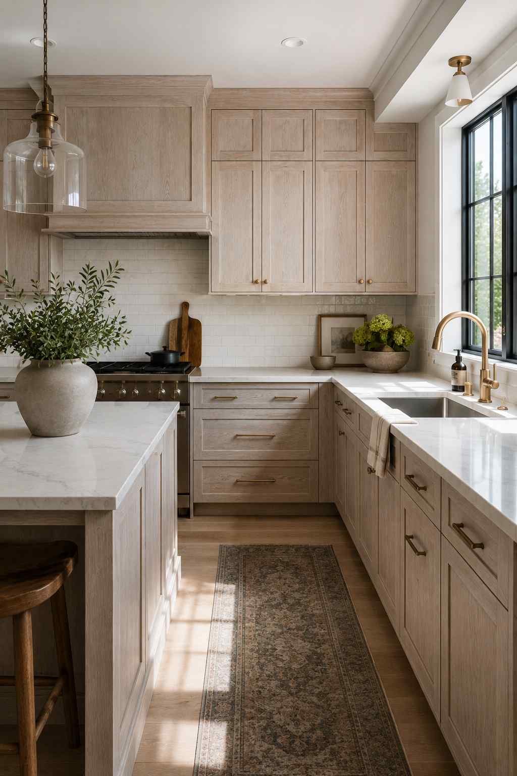 Ultra-realistic luxury kitchen featuring limed whitewashed white oak Shaker cabinets with subtle white pigment highlighting the natural wood grain, white quartz countertops, brass hardware, warm wood flooring, soft daylight, and a bright contemporary farmhouse-inspired design.