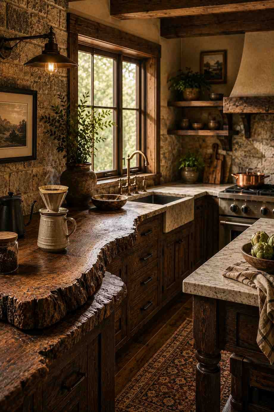 A handcrafted live-edge timber countertop creates a cozy coffee bar in a highland kitchen, showcasing the natural wood grain and bark edge. A ceramic pour-over dripper and steaming coffee cup sit beside a honed stone countertop, while warm morning light highlights the rustic textures and inviting atmosphere.
