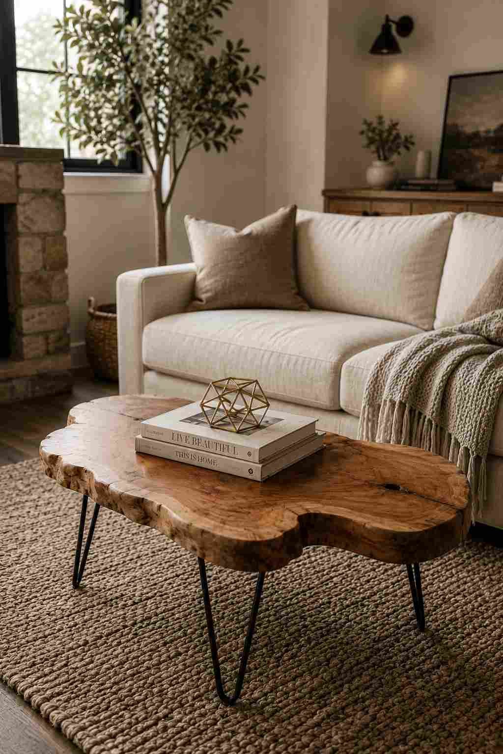 Live-edge wood slab coffee table with black metal legs in a modern rustic living room