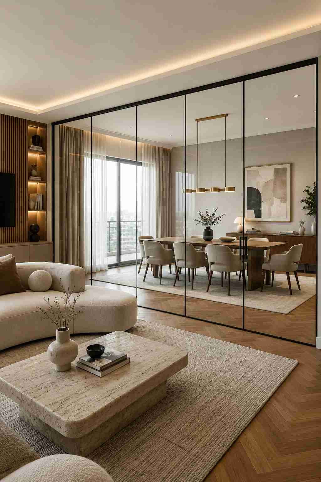 Black framed glass partition separating a modern living room and dining area with minimalist decor.