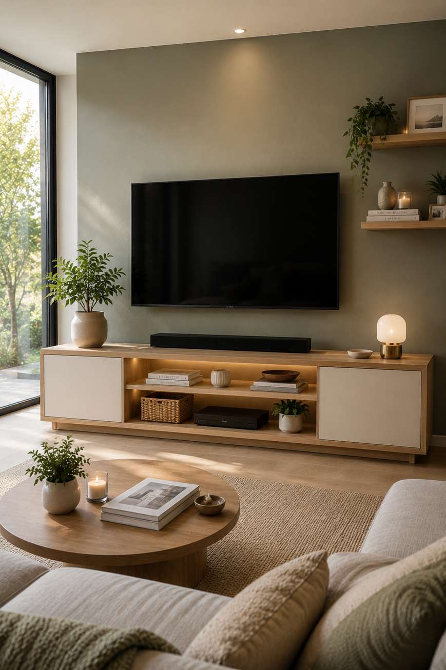 A bright, modern living room featuring a low wooden TV console with open shelves styled with books, baskets, plants, and dรฉcor. Large windows fill the space with natural light, while the sage green accent wall creates a warm, cozy backdrop for the wall-mounted TV.