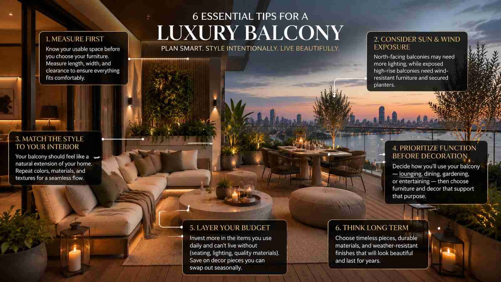 A modern luxury balcony infographic highlighting five practical design tips, including measuring your space, planning for sun and wind, matching your home's style, prioritizing function, and budgeting wisely, alongside a beautifully styled outdoor lounge.
