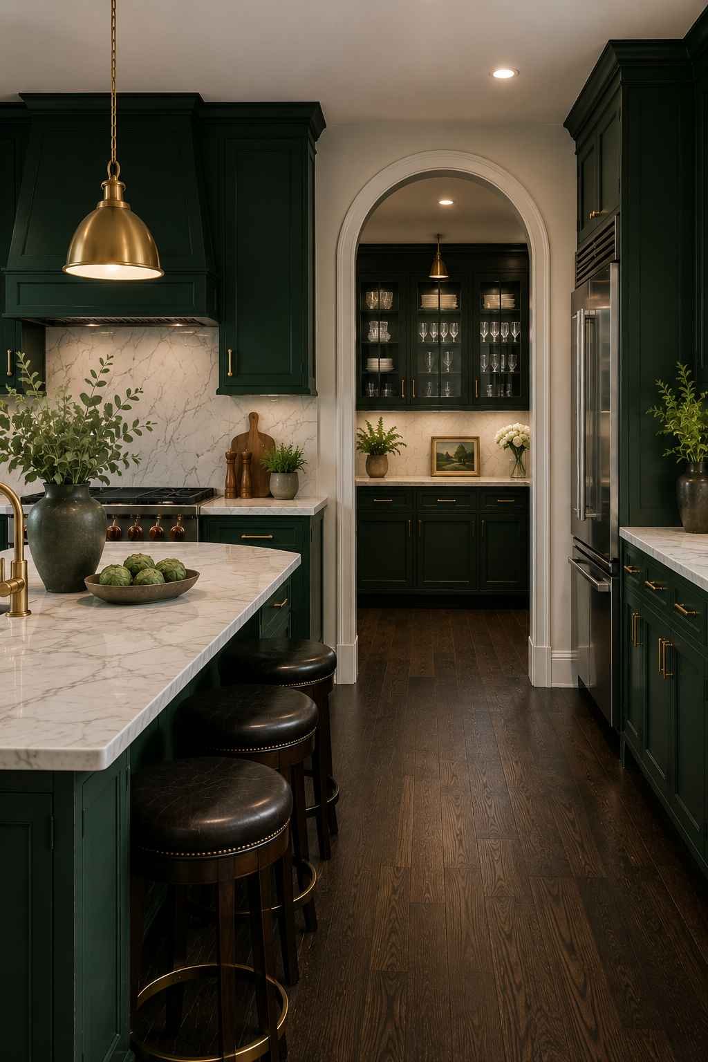 A luxury kitchen connected to an attached butler’s pantry through a graceful arched doorway, featuring continuous dark wood flooring, deep green cabinetry, white marble countertops, brass accents, and glass-front upper cabinets displaying glassware. The seamless flooring and coordinated finishes create a cohesive, elegant space that blends the main kitchen with the pantry.