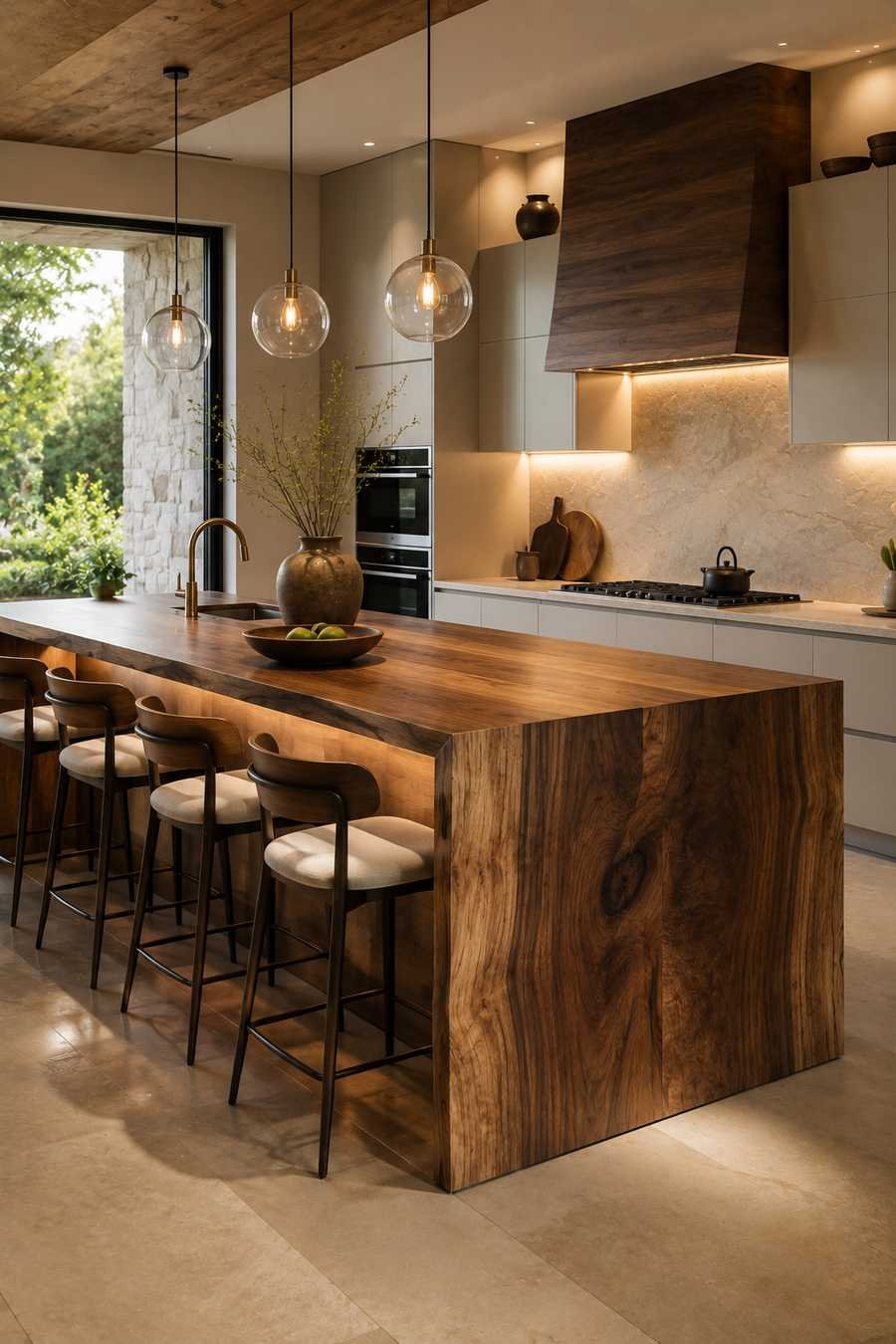 Modern luxury kitchen featuring a walnut butcher block waterfall island, seamless wood grain, minimalist handleless cabinetry, warm pendant lighting, integrated LED accents, and elegant contemporary finishes with a high-end architectural aesthetic.