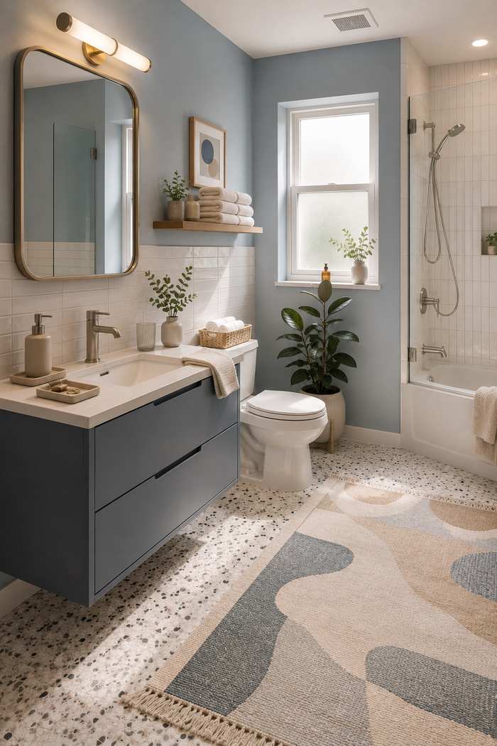 A bright, modern bathroom with soft blue walls, a floating dark gray vanity, and brushed gold fixtures. Natural light streams through a frosted window, highlighting fresh greenery, neatly folded towels, and clean white finishes. A glass-enclosed shower, terrazzo-style flooring, and a patterned area rug add warmth and character, creating a calm, inviting space that feels both stylish and comfortable.
