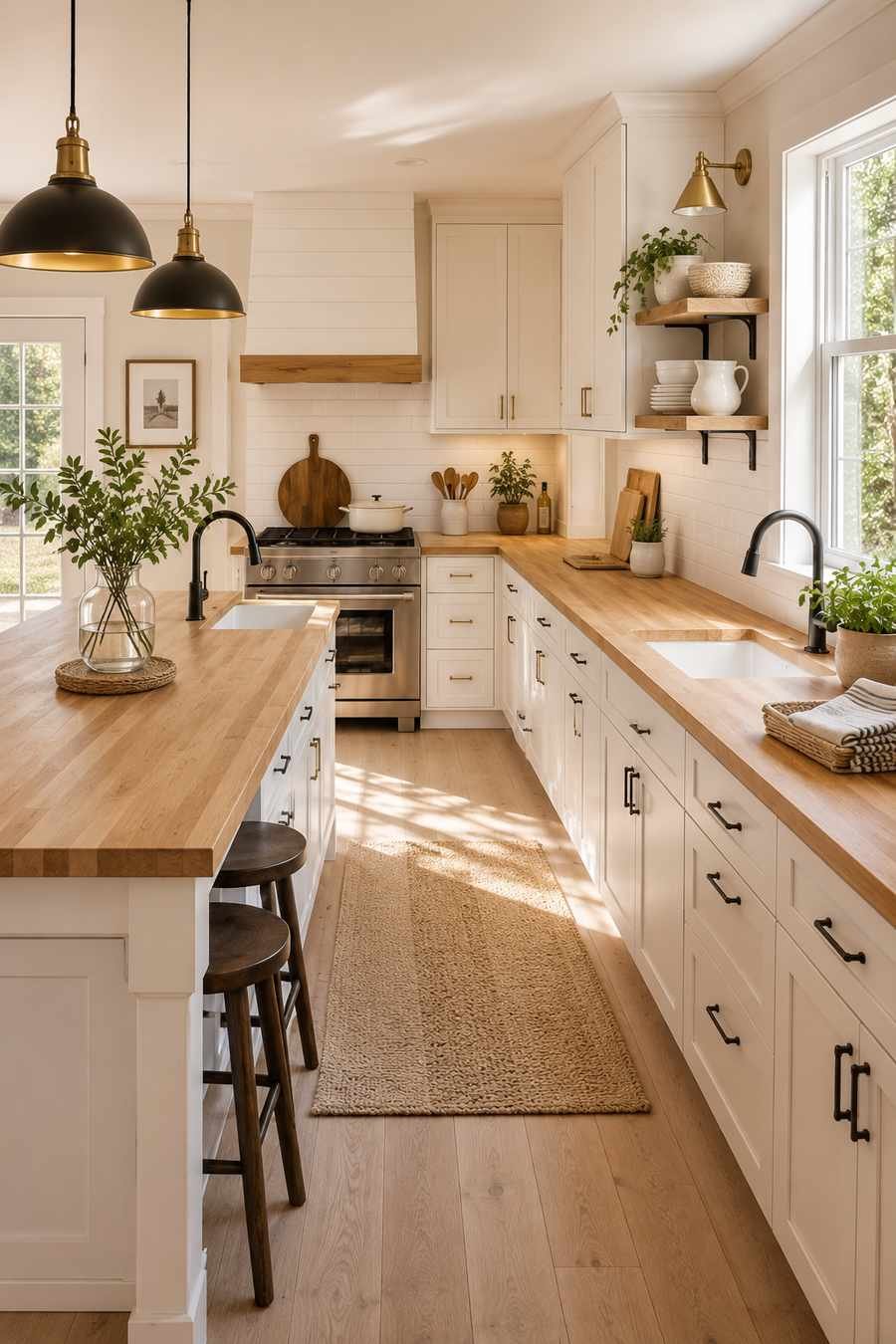 Bright modern Scandinavian farmhouse kitchen with pale maple butcher block countertops, warm white shaker cabinets, brass pendant lights, subway tile backsplash, light oak flooring, and minimalist decor in natural daylight.
